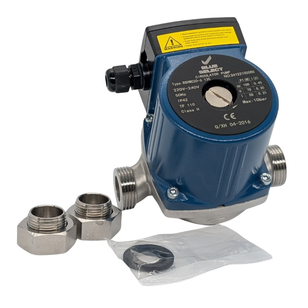 Blue mechanical pump with connectors and packaging on a white background