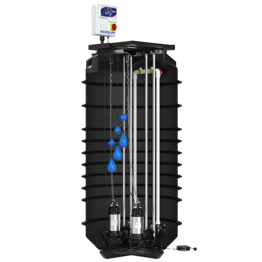 A tall black industrial tank or filter unit with multiple vertical metal tubes, blue hanging float elements, and a small white control box mounted at the top, shown on a plain white background.