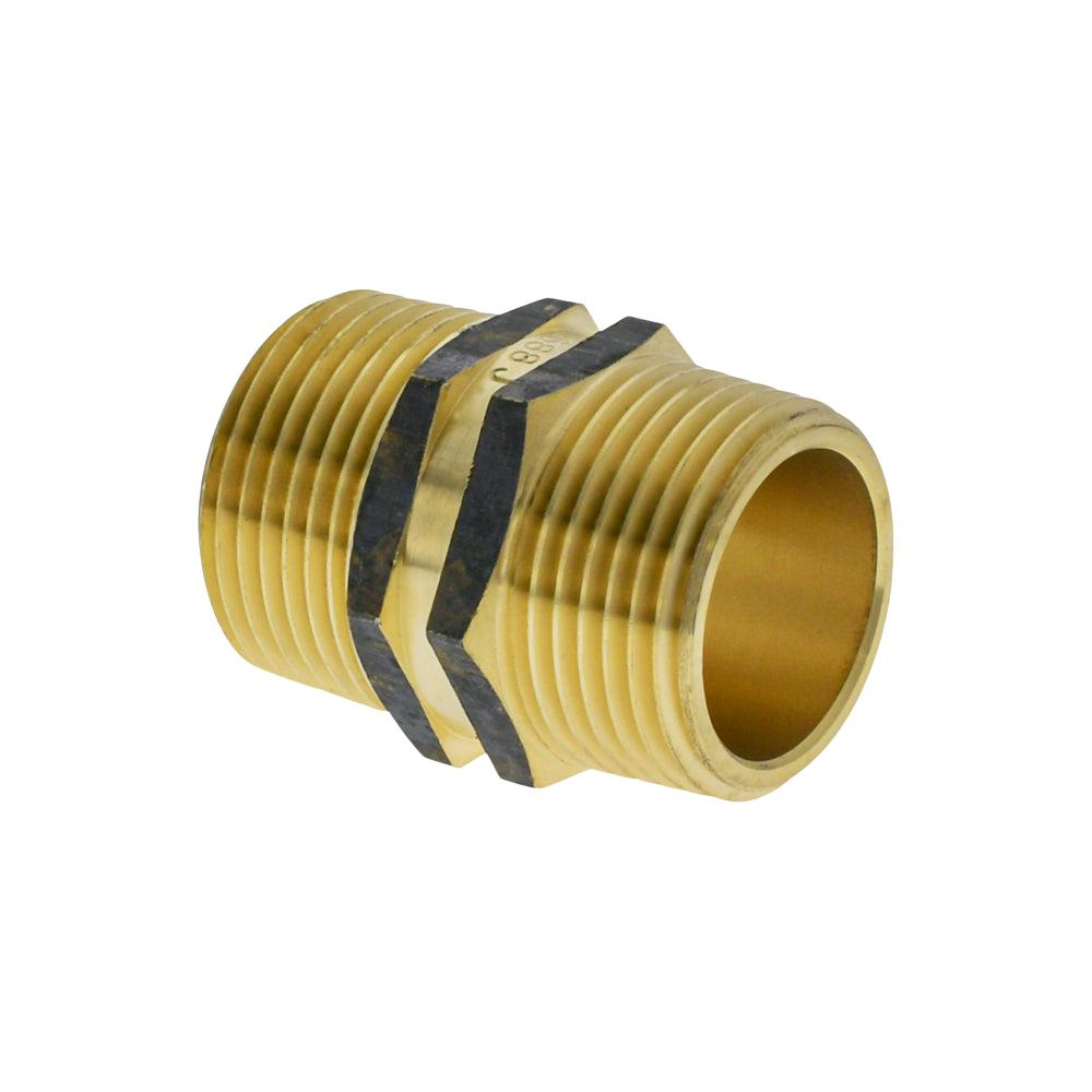 Brass pipe fitting with black tape on a white background