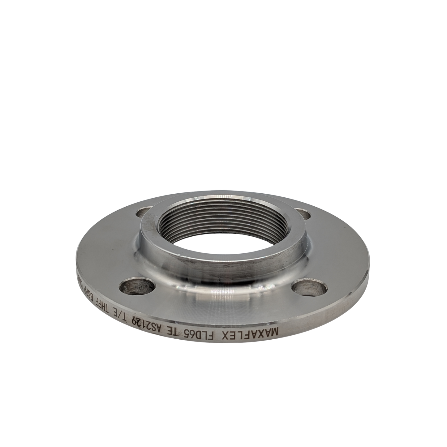 Metal flange with threaded design on a white background