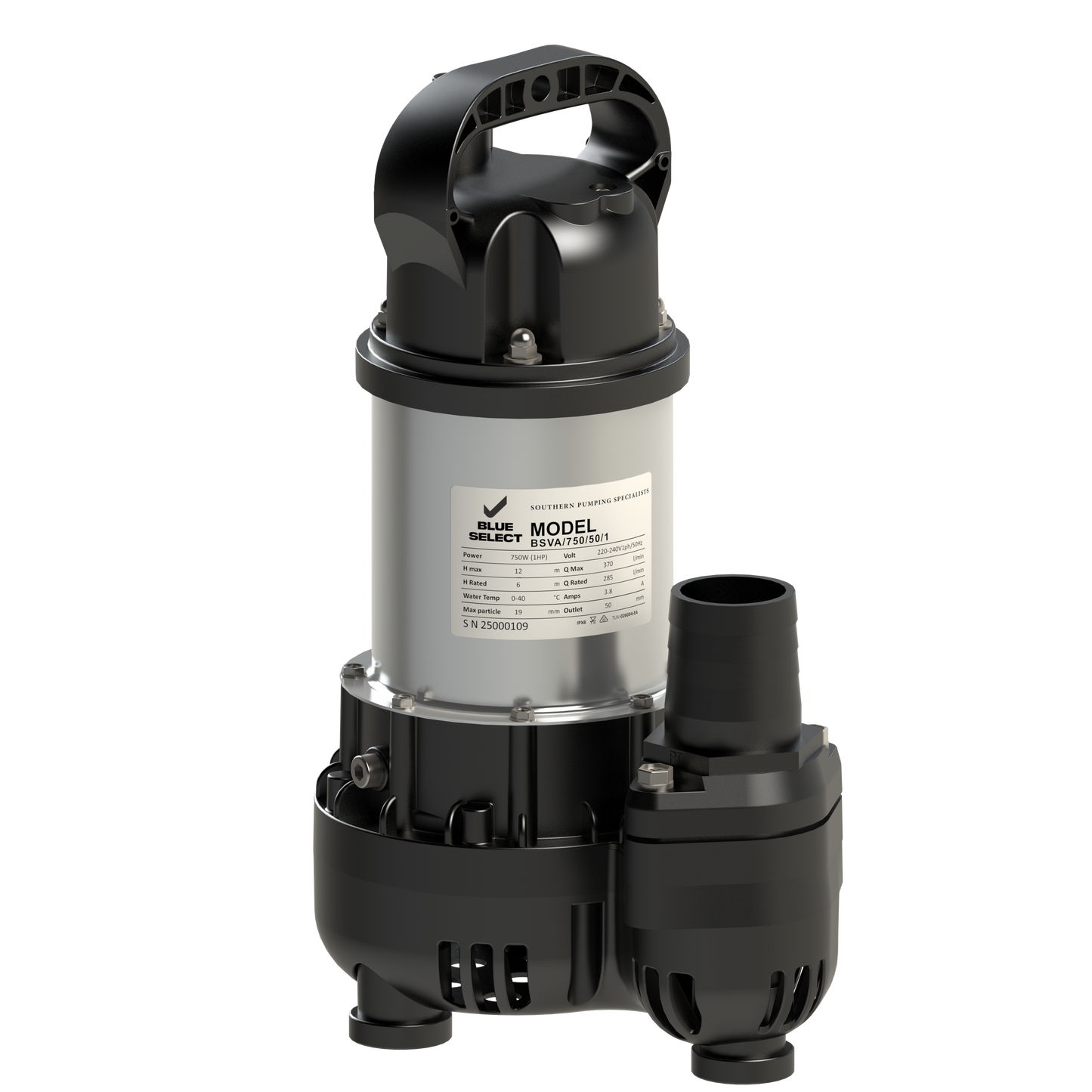 BSVA/750/50/1 Small Vortex Automatic Submersible Pump 0.75KW 240V 50mm disc