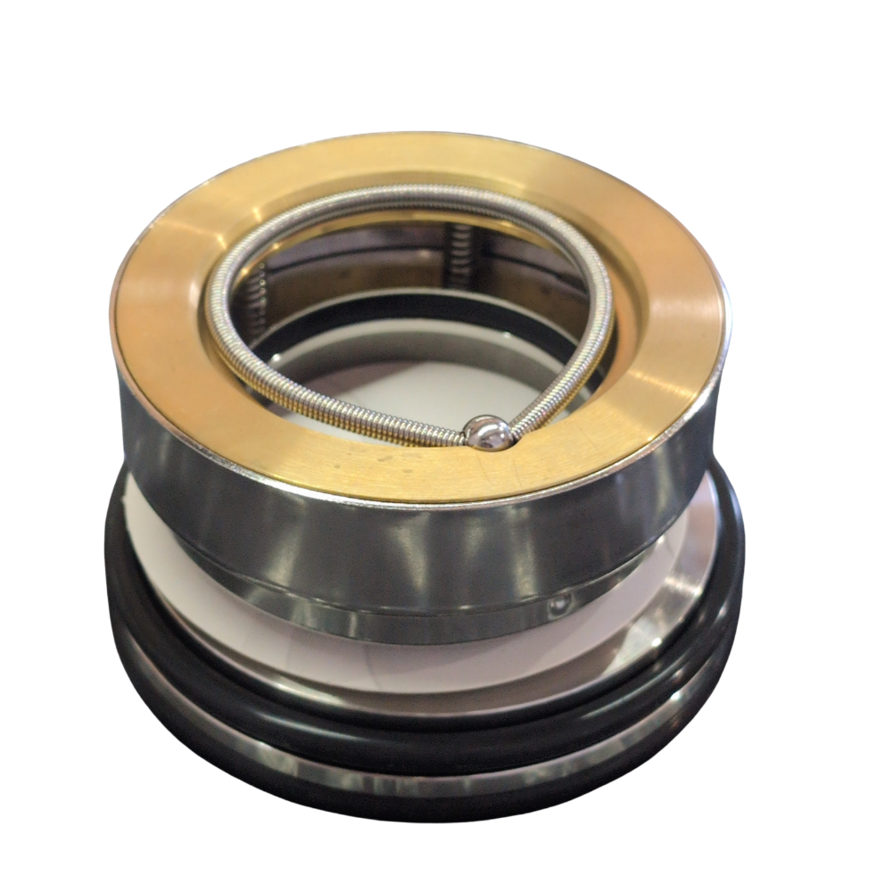 A close-up shot of a circular mechanical component or ring assembly with a gold-toned outer ring, silver metal bands, a coiled spring, and black rubber seals, isolated on a white background.