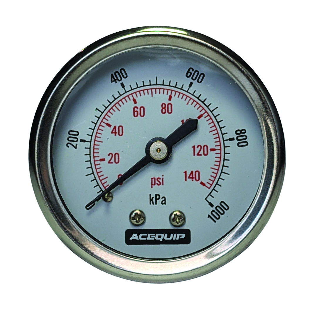 Pressure gauge with Acequip branding on a white background