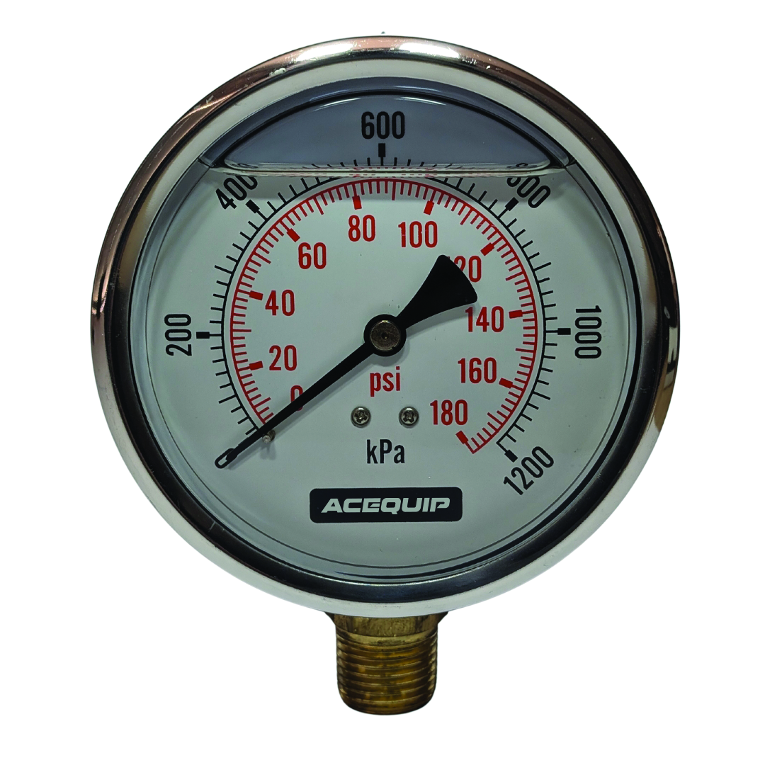 Pressure gauge with red scale and Acequip branding on a white background