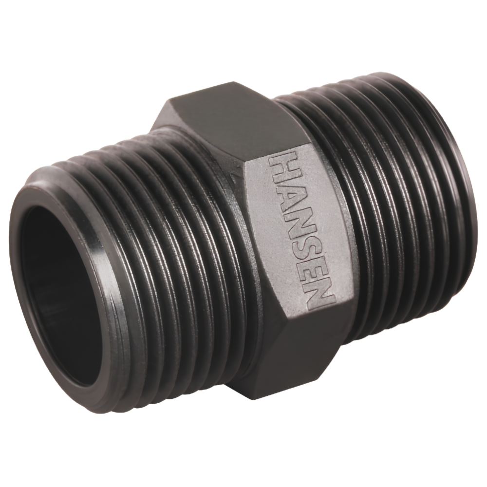 Metal pipe fitting with 'Hansen' branding on a white background