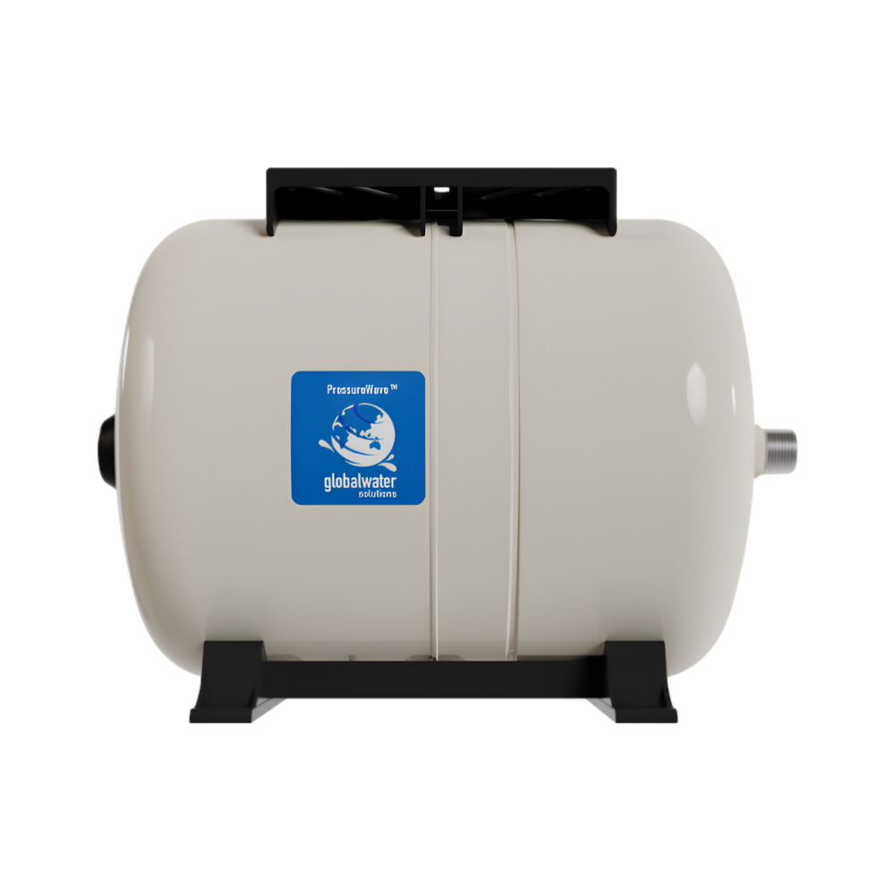 White pressure tank with a blue Global Water logo on a white background