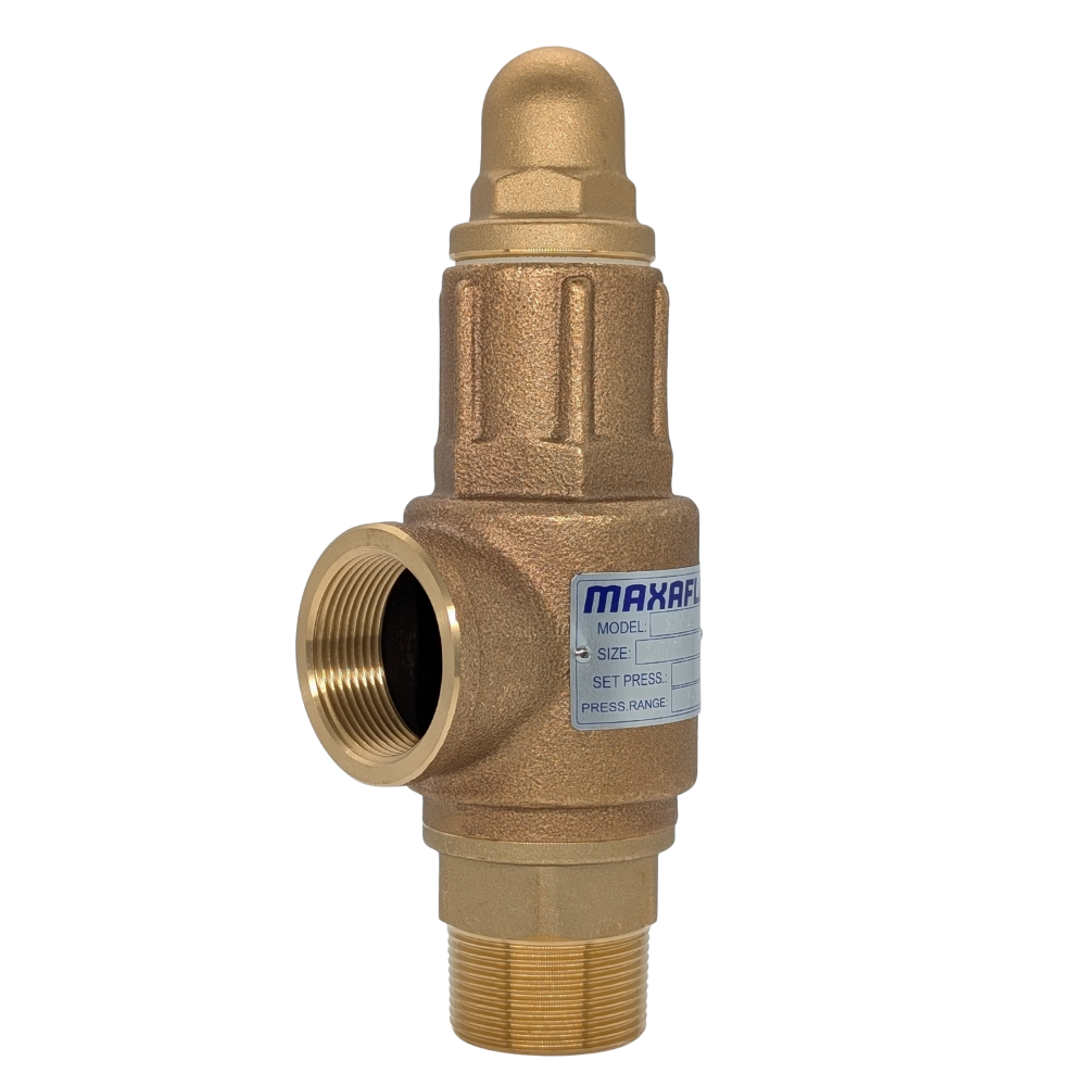 Bronze pressure relief valve with Maxaflex branding on a white background