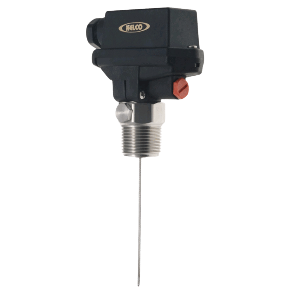 Thermocouple with black housing and red button on a transparent background