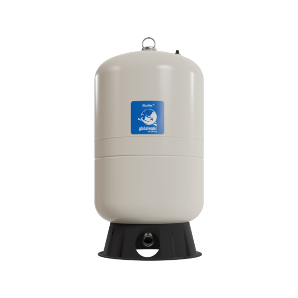 White cylindrical water tank with a blue logo on a white background