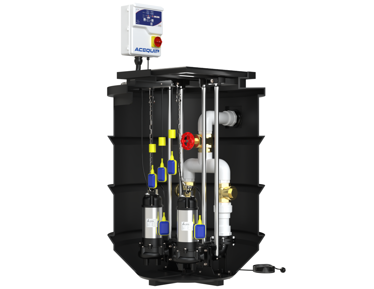 BLUESELECT 1000L Dual Pump Station with 240V, 1.1KW Sewage Grinder Pumps and Guide Rail Kits
