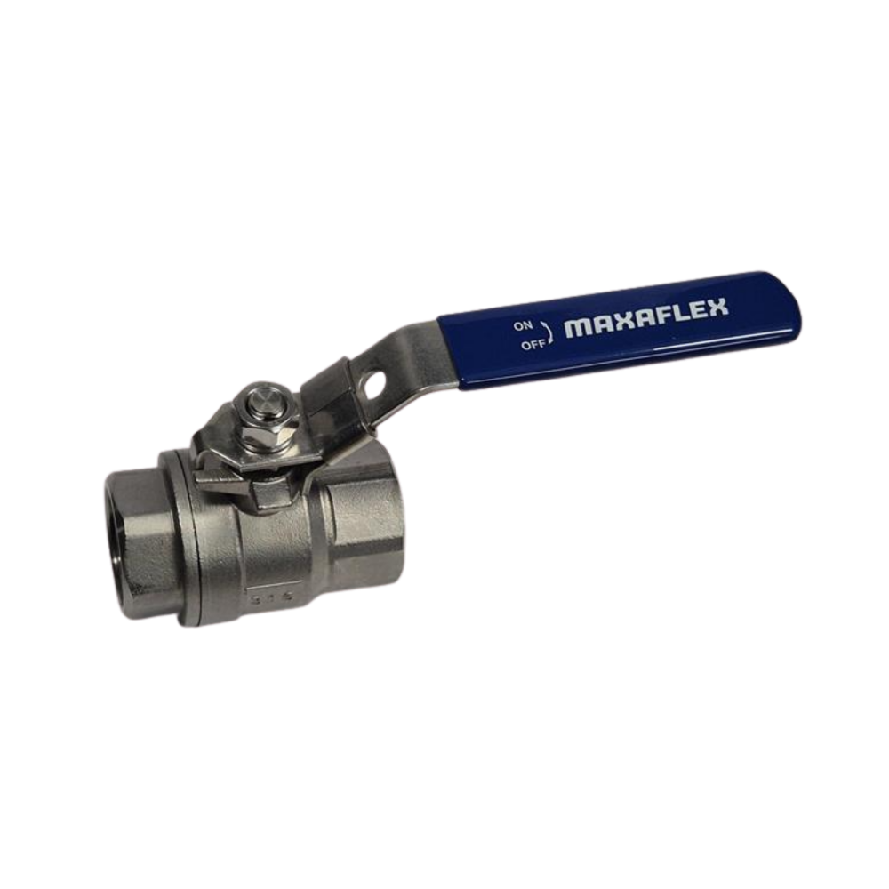 Ball valve with blue handle labeled 'Maxaflex' on a white background