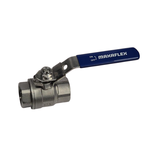 Ball valve with blue handle labeled 'Maxaflex' on a white background