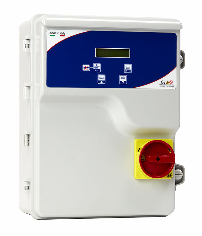 Control panel with digital display and red button on a white background