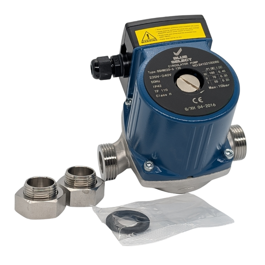 Blue mechanical pump with connectors and packaging on a white background