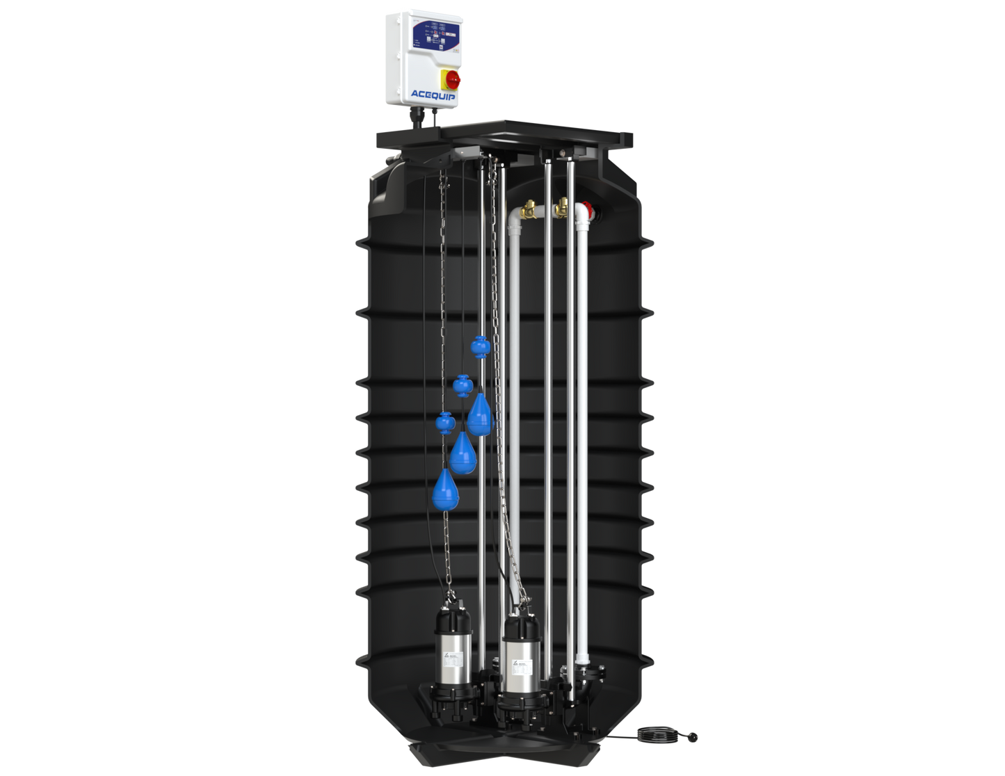 BLUESELECT 2000L Dual Pump Station with 415V, 1.1KW Sewage Grinder Pumps and Guide Rail Kits