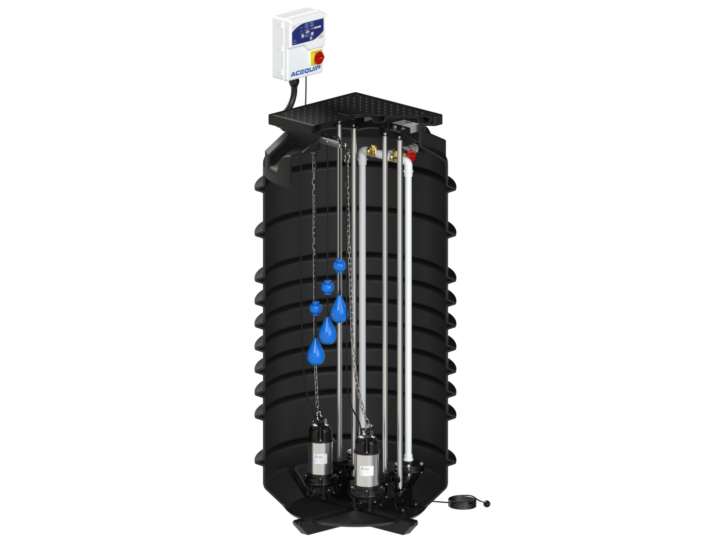 BLUESELECT 2000L Dual Pump Station with 415V, 1.1KW Sewage Grinder Pumps and Guide Rail Kits