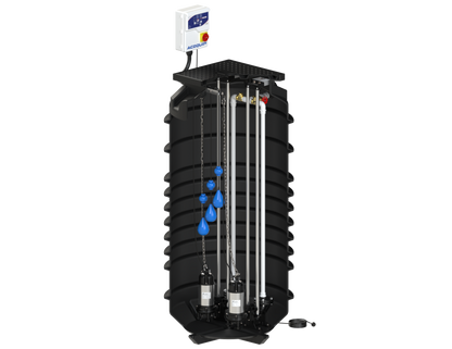 BLUESELECT 2000L Dual Pump Station with 415V, 1.1KW Sewage Grinder Pumps and Guide Rail Kits