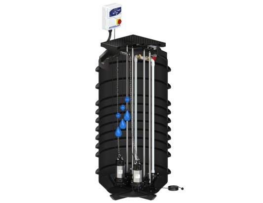 BLUESELECT 2000L Dual Pump Station with 415V, 1.1KW Sewage Grinder Pumps and Guide Rail Kits