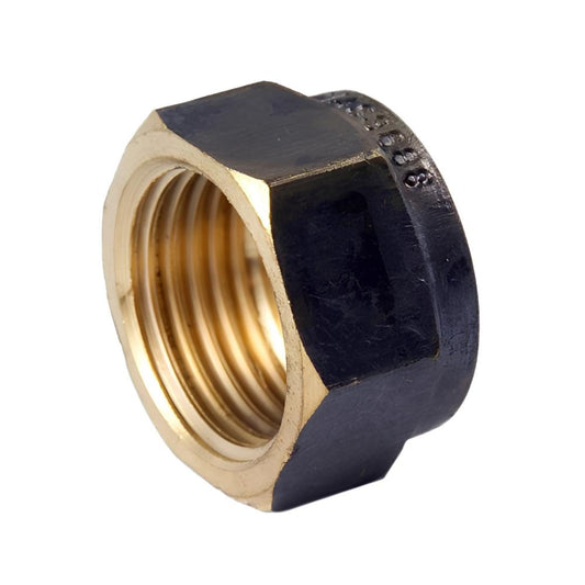 Brass hex nut with black rubber sleeve on a white background