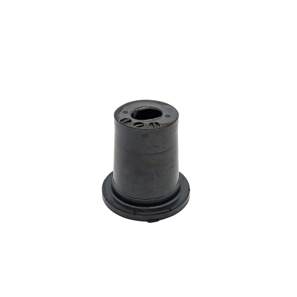 Black cylindrical rubber bushing on a white background