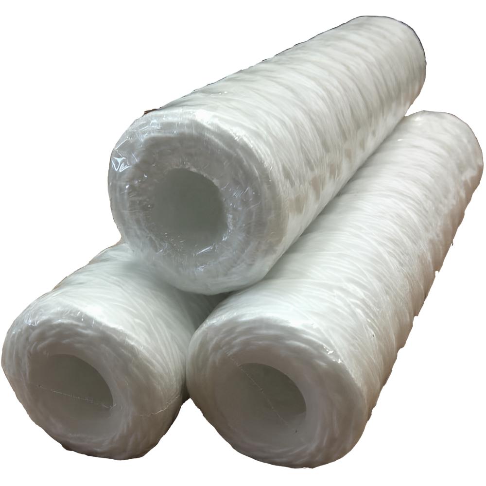 Three rolls of plastic wrapped filters on a white background