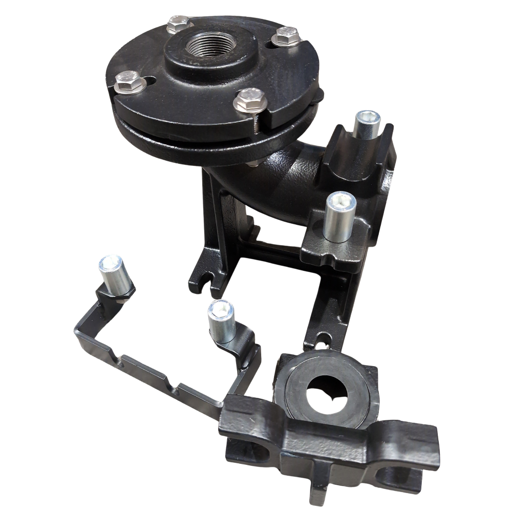 A black cast iron plumbing fitting assembly with threaded pipe connections, shown on a plain white background.
