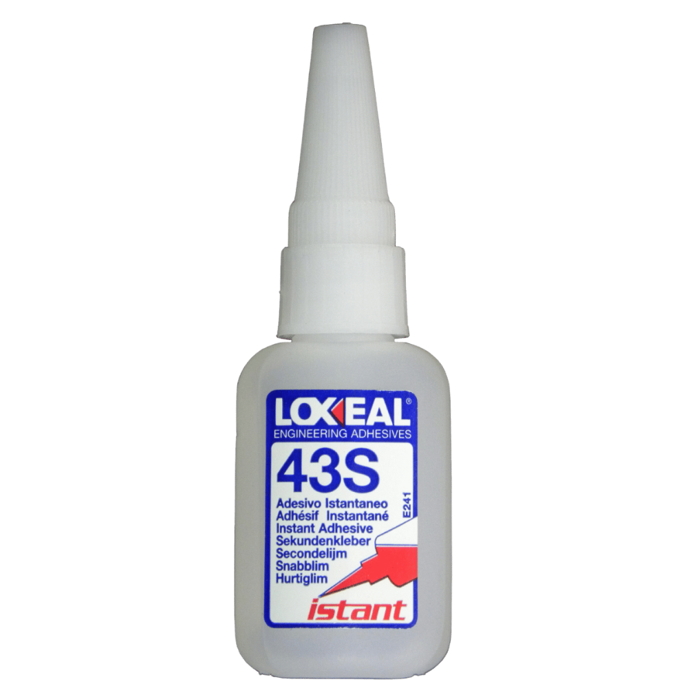 A bottle of Loxeal 43S instant engineering adhesive with a white plastic body, white nozzle cap, and a blue, white, and red label.