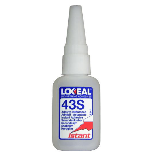 A bottle of Loxeal 43S instant engineering adhesive with a white plastic body, white nozzle cap, and a blue, white, and red label.