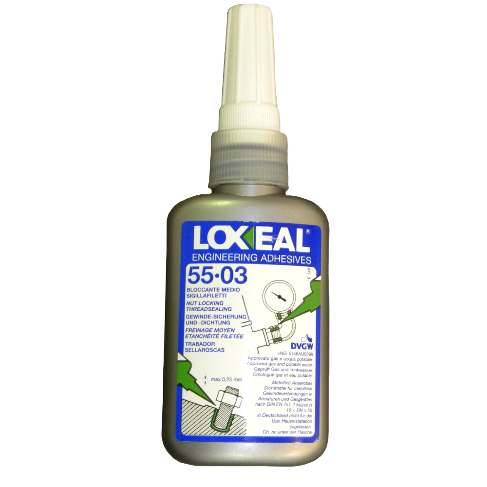 A bottle of LoxEal Engineering Adhesives 55-03 self-adhesive metal lock washer adhesive, featuring a white spray nozzle and a blue and white label with green accents, on a white background.