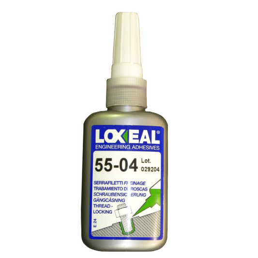 A bottle of Loxeal Engineering Adhesives 55-04 thread locking adhesive, featuring a metallic silver bottle, white cap, and a blue and white label with product details.