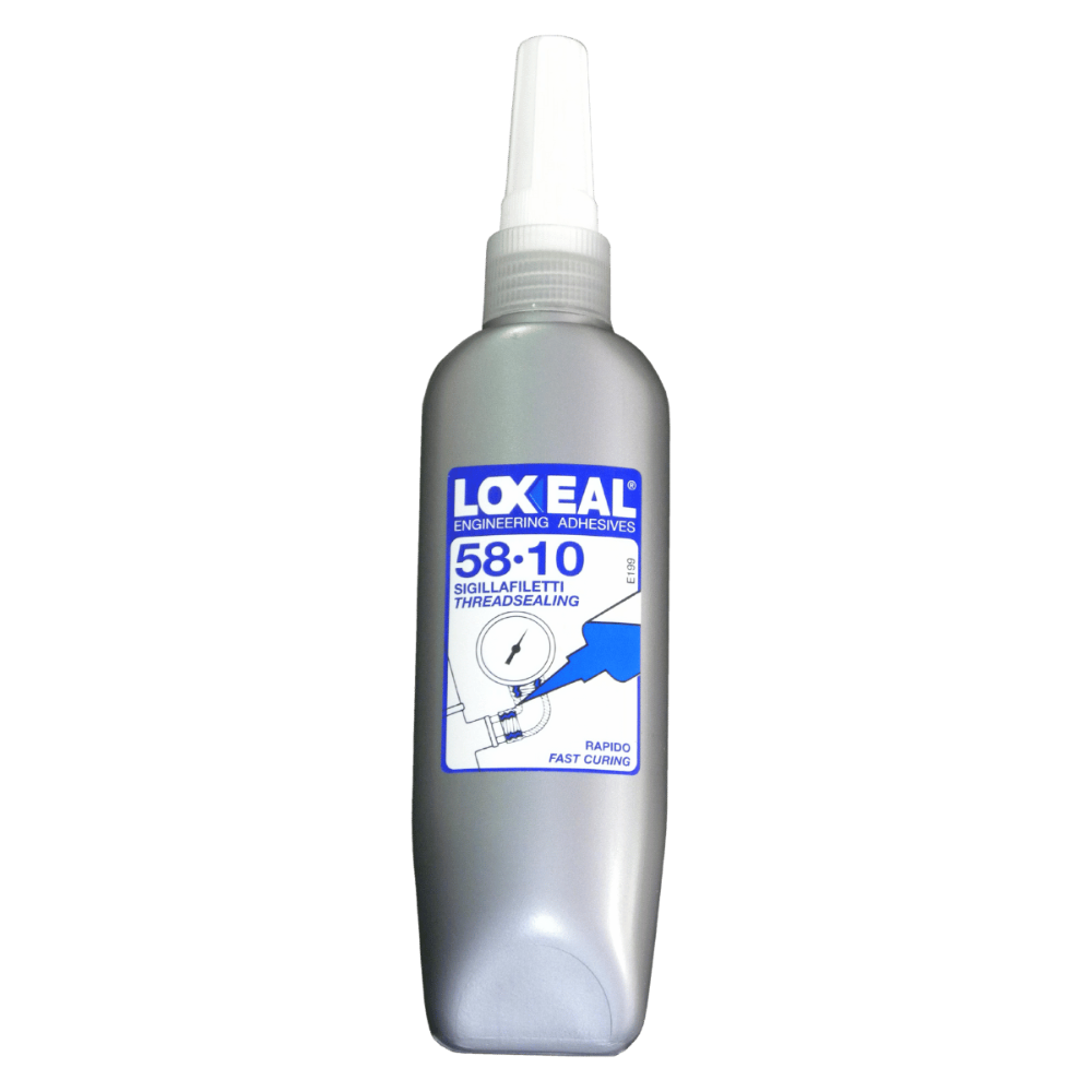 A silver spray bottle of Loxal 58-10 Threadsealing adhesive with a white nozzle cap, shown on a plain white background.