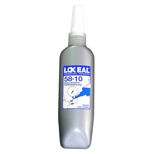 A silver spray bottle of Loxal 58-10 Threadsealing adhesive with a white nozzle cap, shown on a plain white background.