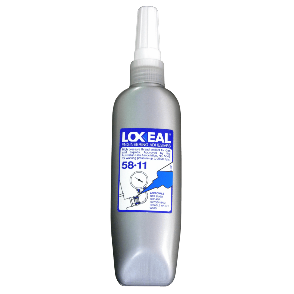 A bottle of Lox Eal 58-11 lubricating adhesive with a metallic silver body, white spray nozzle, and a blue and white label, shown on a plain white background.
