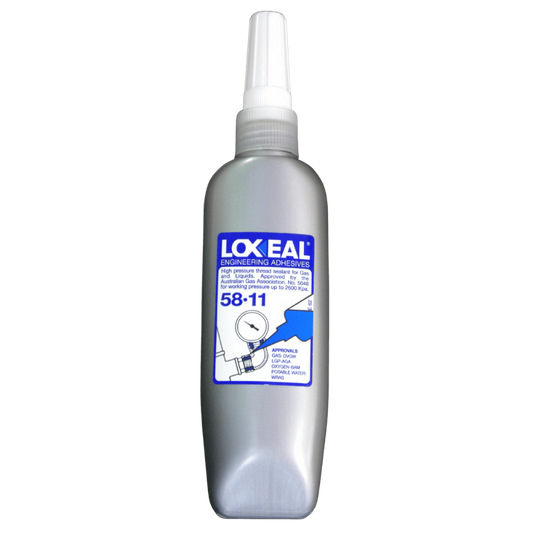 A bottle of Lox Eal 58-11 lubricating adhesive with a metallic silver body, white spray nozzle, and a blue and white label, shown on a plain white background.
