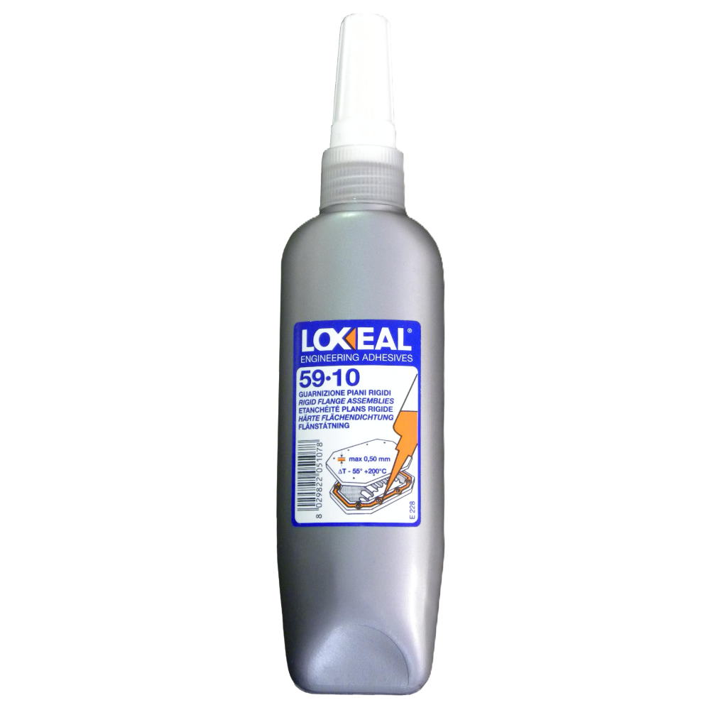 A bottle of Lokeal 59-10 Engineering Adhesives, featuring a metallic silver bottle with a white nozzle applicator and a blue and white label.