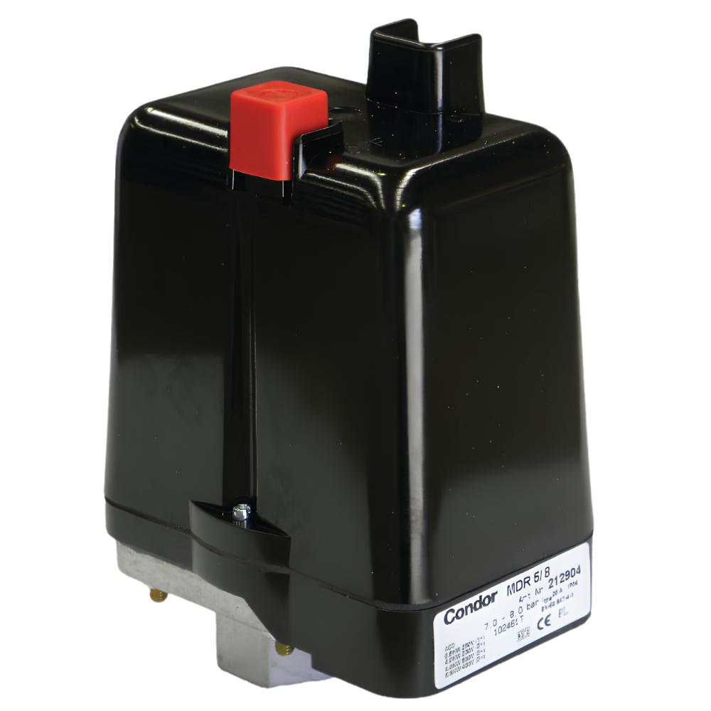 Black mechanical component with a red button on a white background