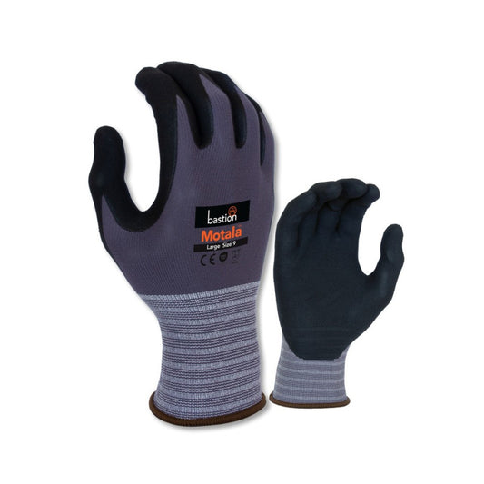 Motala, Grey, Nylon/Spandex Gloves, 15G, Black Mirco Foam Nitrol Palm Coating, Medium - Sz 8- Ctn/120 Pairs
