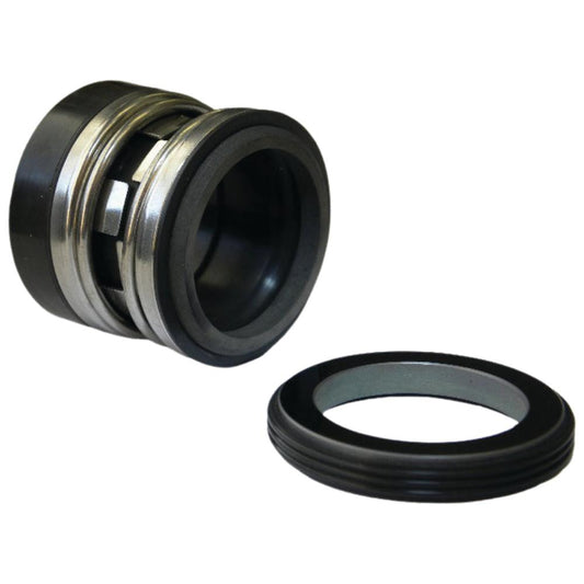 A mechanical seal shown disassembled with its outer race and inner bearing visible, alongside a black rubber gasket, on a plain white background.