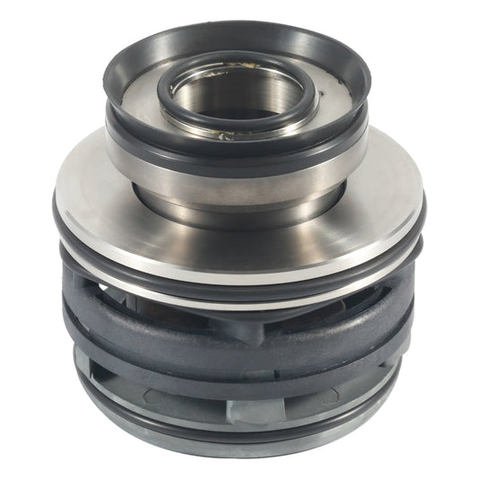 Mechanical component with metallic and rubber parts on a white background