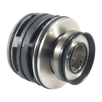 Close-up of a mechanical component with black and silver finish on a white background