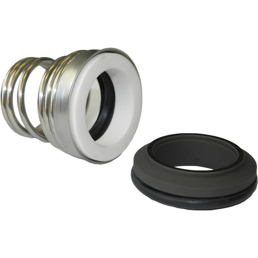 Metallic spring and black rubber seal on a white background
