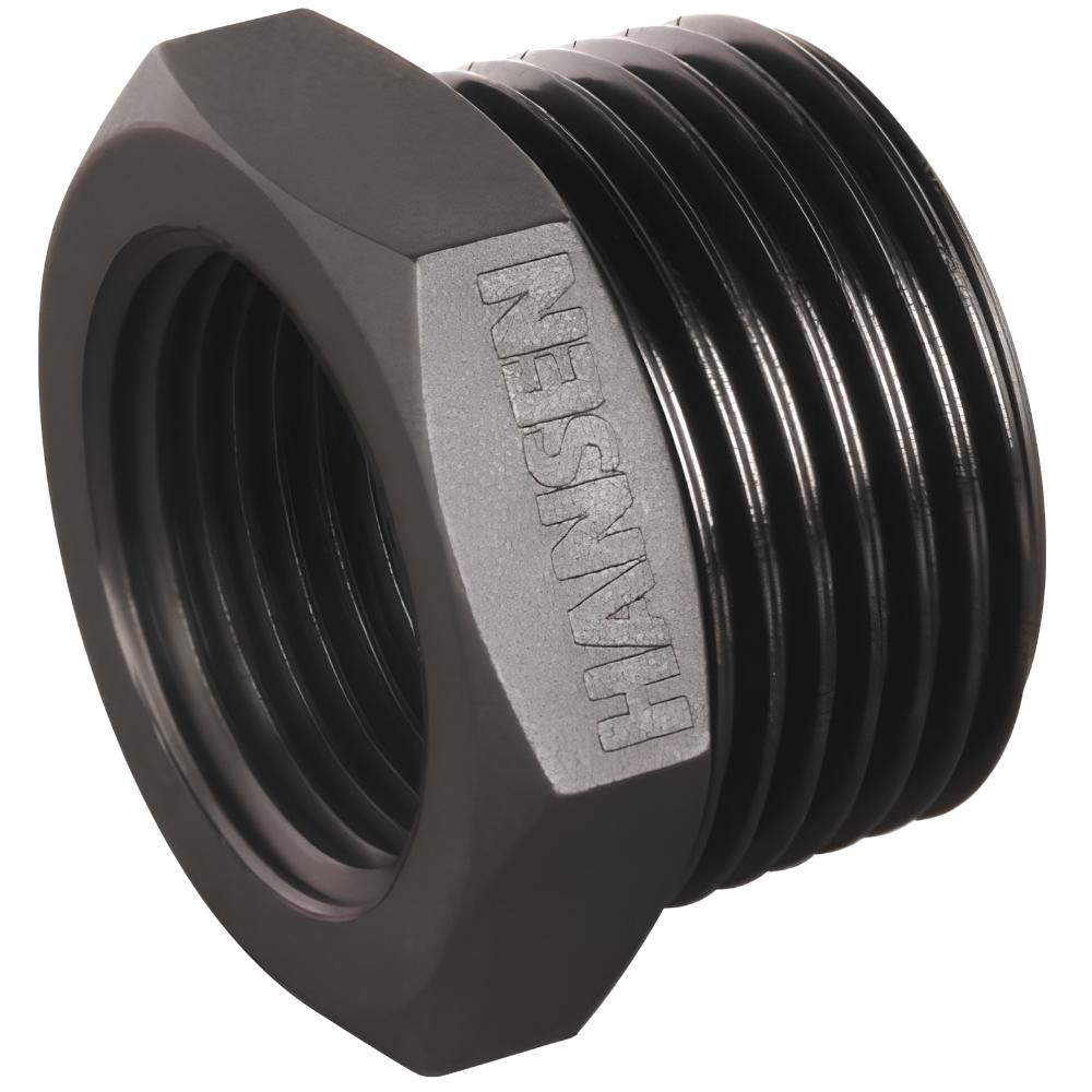 Black threaded metal fitting with 'Hansen' branding on a white background