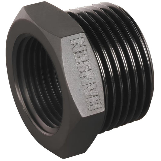 Black threaded metal fitting with 'Hansen' branding on a white background
