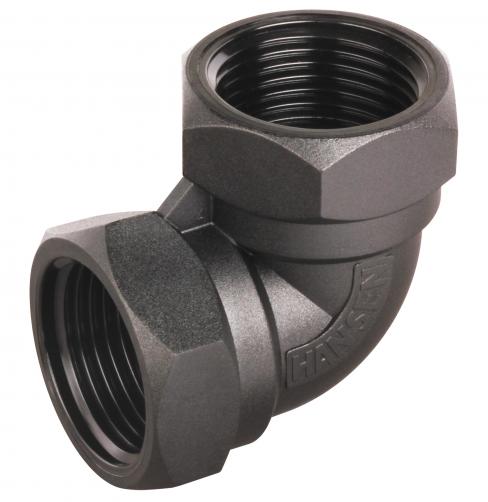Black threaded pipe fitting on a white background