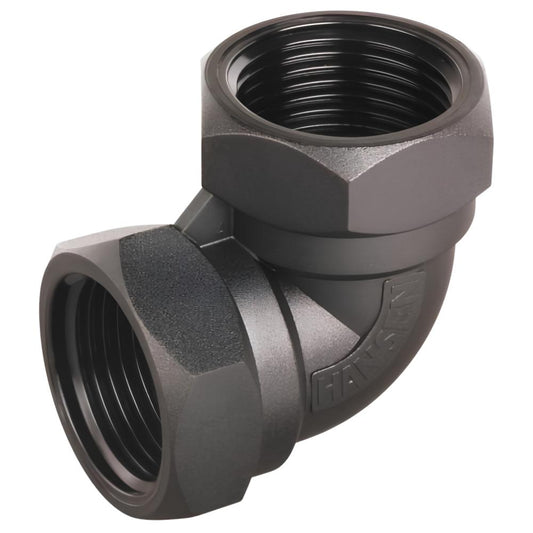 Black threaded pipe fitting on a white background