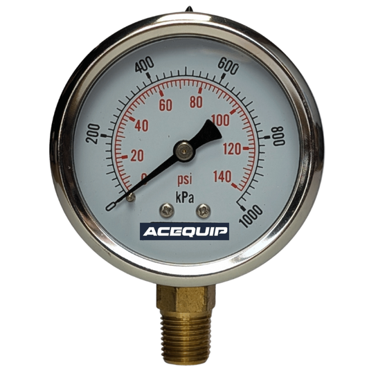 Pressure gauge with Acequip branding on a transparent background