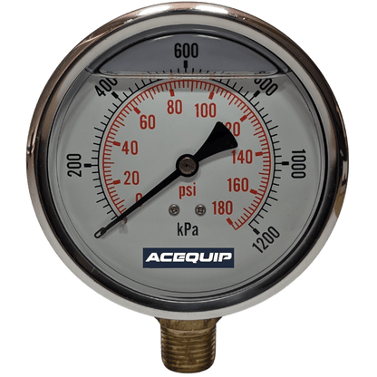 100mm -100kPa - 1000kPa Compound Acequip Liquid Filled Pressure Gauge Lower Mount
