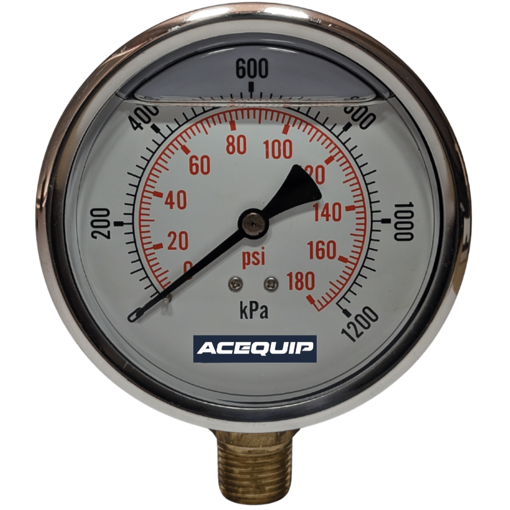Pressure gauge with Acequip branding on a transparent background