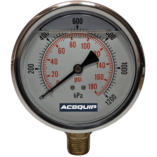 Pressure gauge with Acequip branding on a transparent background