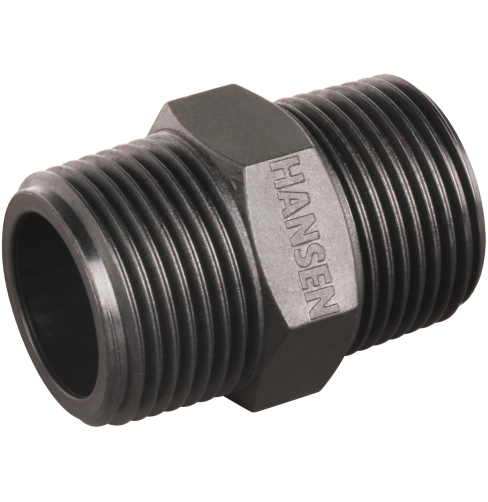 Metal pipe fitting with 'Hansen' branding on a white background